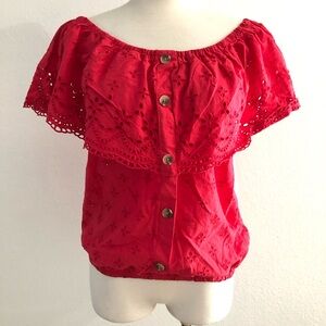 NWT Calligraphie Button-Down off Shoulder Eyelet Ruffle Blouse